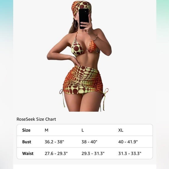 RoseSeek 4 Piece Swimsuits Bikini Set with Mesh Cover Up Skirt & Bandana NWT - Picture 8 of 8